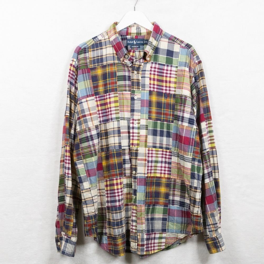 RALPH LAUREN Madras Plaid Patchwork Button Down Shirt Heritage Multicolor Sz XL